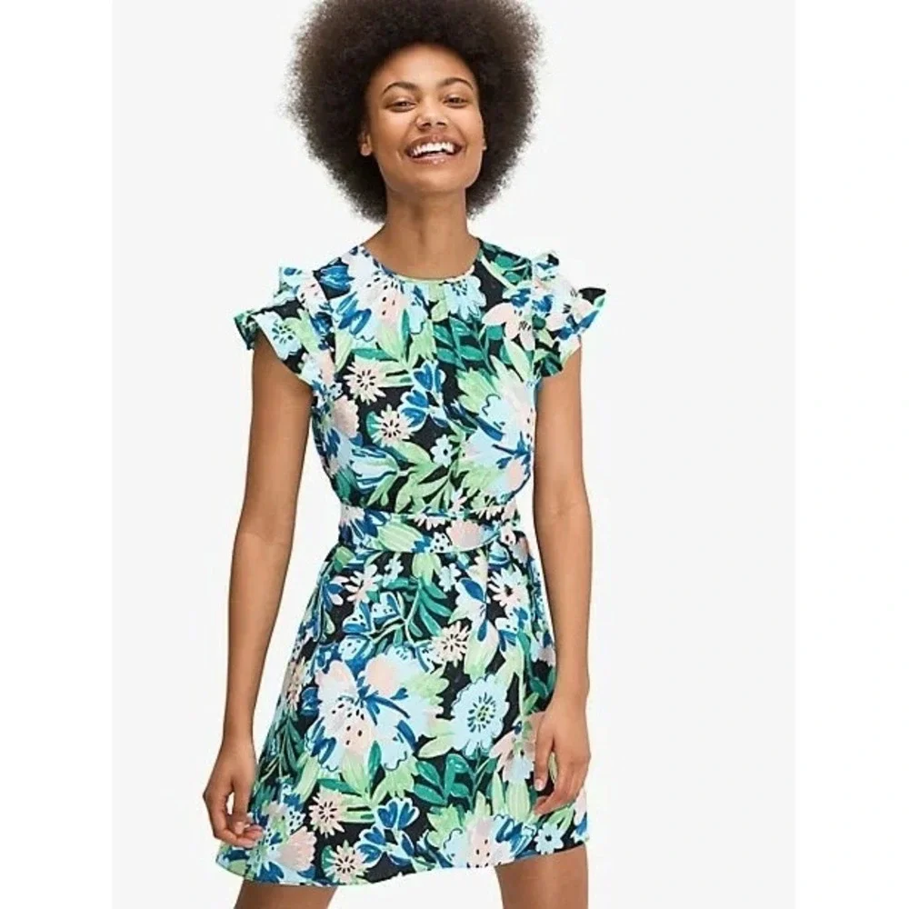 Kate Spade NewYork Full Bloom Floral Flutter Sleeve Tie Waist Mini Dress size 14 - Picture 1 of 12